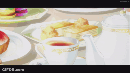 Cup Of Tea On Saucer With Desserts And Teapot GIF