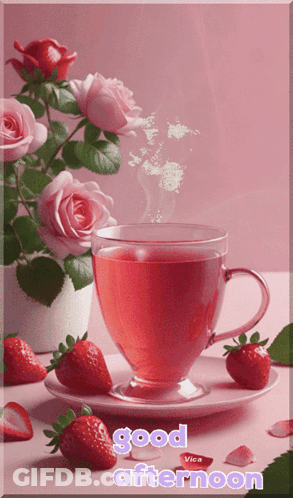 Cup Of Tea With Strawberries Saying Good Afternoon GIF