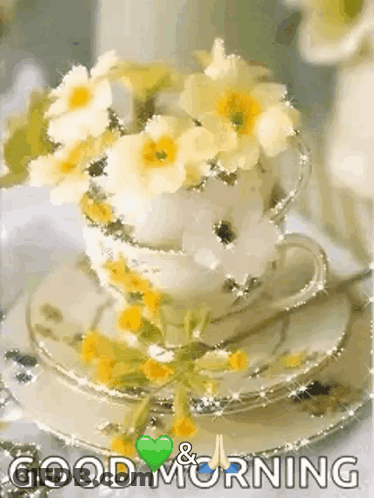 Cup Of Tea With Yellow Flowers On Saucer GIF
