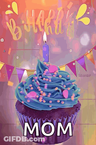 Cupcake With Blue Frosting And Sprinkles Saying Mom GIF