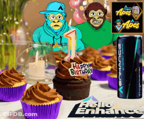 Cupcake With Happy Birthday Sticker Next To Energy Drink GIF
