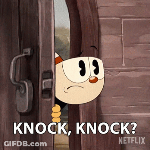 Cuphead Is Peeking Out Of A Wooden Door And Says " Knock Knock " GIF