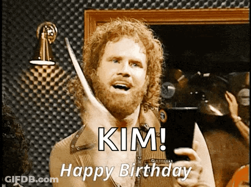 Curly Haired Bearded Man Holding Drum Stick Says Kim Happy Birthday GIF