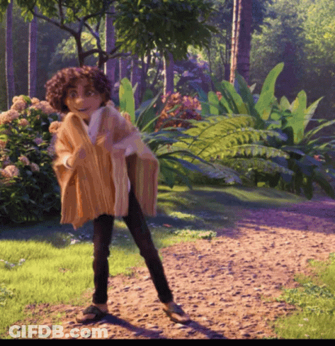 Curly Haired Cartoon Character On Dirt Path In Woods GIF