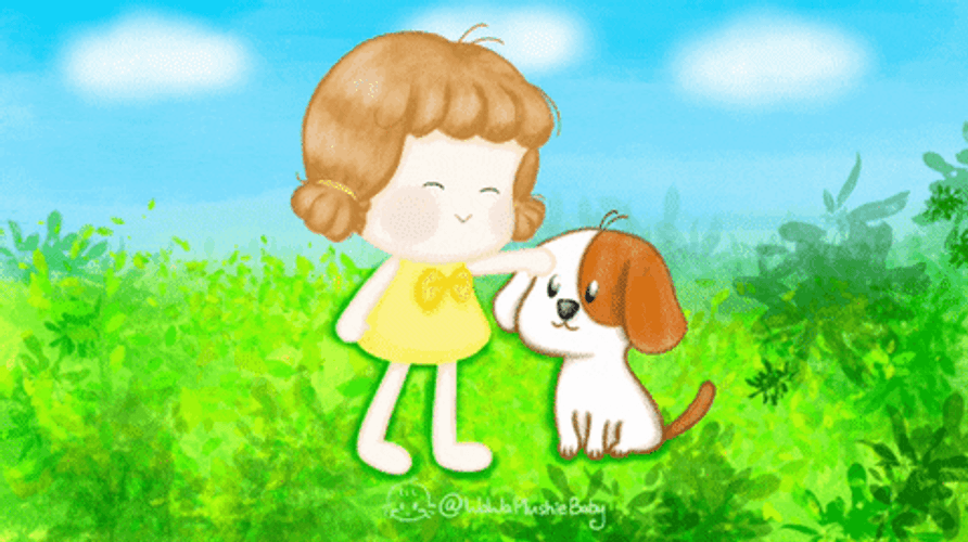 Cute Cartoon Girl Pats Dogs Head GIF