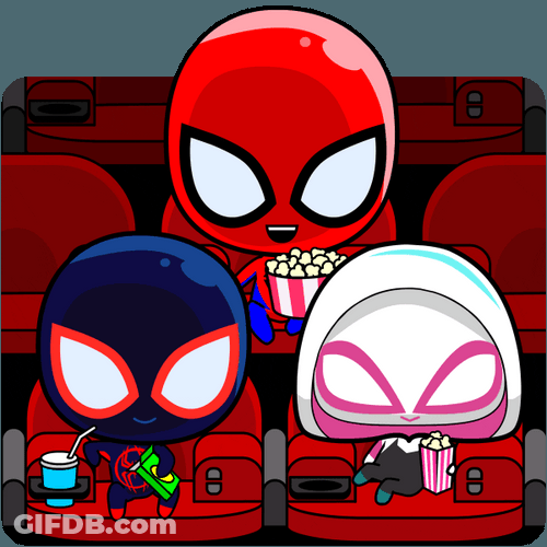 Cute Chibi Superheroes Watching Movie GIF