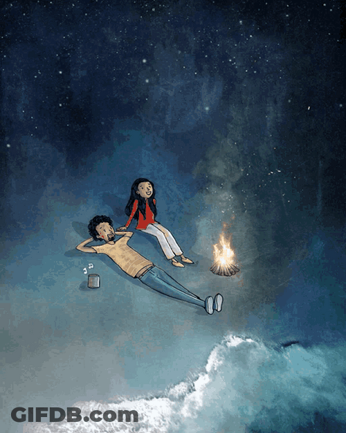 Cute Doodle Couple Aesthetic Night Sky Bonfire Lights GIF