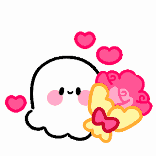 Cute Ghost Bringing Pink Bouquet Of Flowers GIF