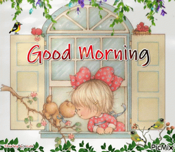 Cute Good Morning Wednesday Girl And Kitten GIF