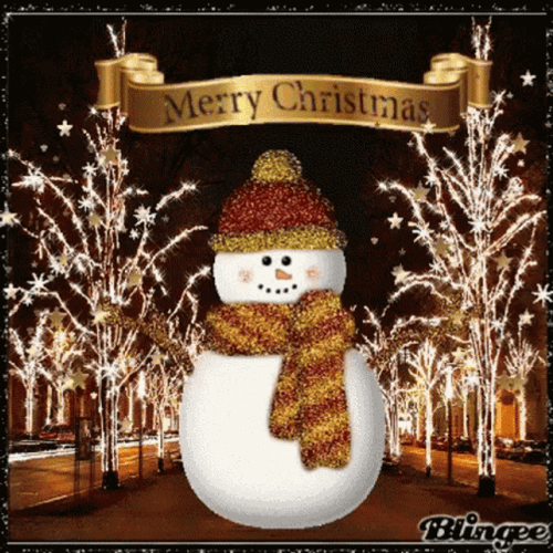 Cute Merry Christmas Wishes Snowman Sparkling Trees GIF