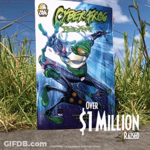 Cyber Frog Comic Book Sitting On Grassy Surface GIF