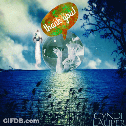 Cyndi Lauper Rocket Flying Over Ocean GIF