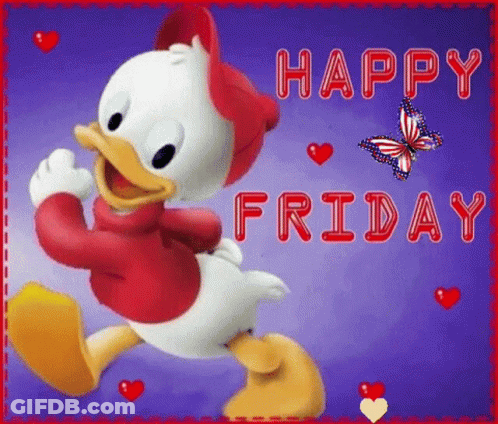 Daisy Duck Is Dancing On A Purple Background With The Words `` Happy Friday '' And A Butterfly . GIF