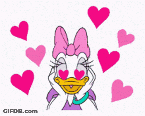 Daisy Duck Is Surrounded By Pink Hearts And Covering Her Eyes With Her Hands . GIF