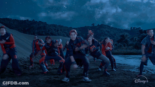 Dancing Group In Blue Sky With Disney Logo GIF