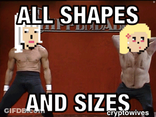 Dancing Man And Woman In Front Of All Shapes And Sizes Sign GIF