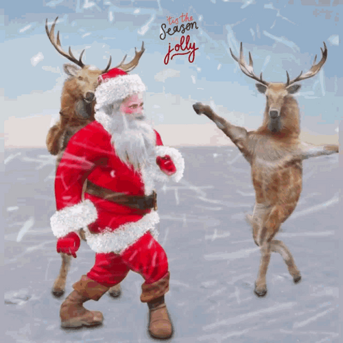 Dancing Santa And Reindeers Merry Christmas Friend GIF
