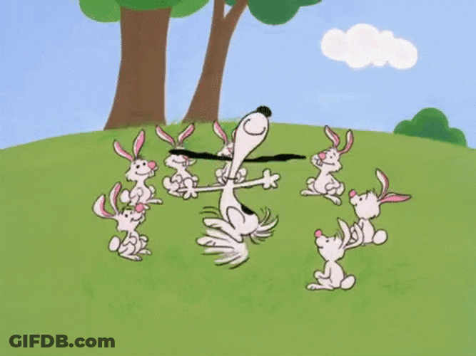 Dancing Snoopy Surrounded By Easter Bunnies GIF