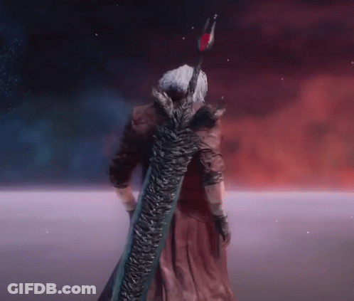 Dante From Devil May Cry Is Holding A Large Sword In His Hand . GIF