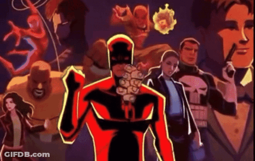 Daredevil Standing In Front Of Superheroes GIF