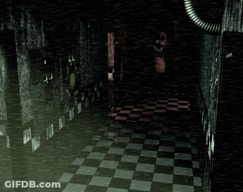 Dark Hallway With Checkered Floor And Skeleton GIF