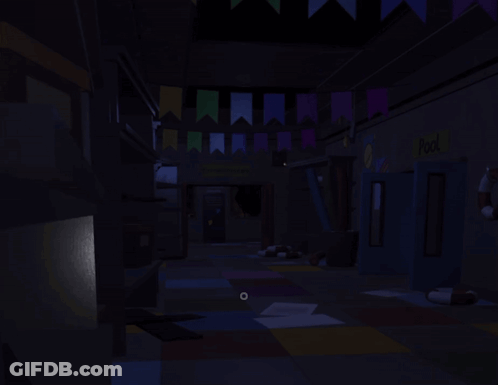 Dark Hallway With Flags And Pool Sign GIF
