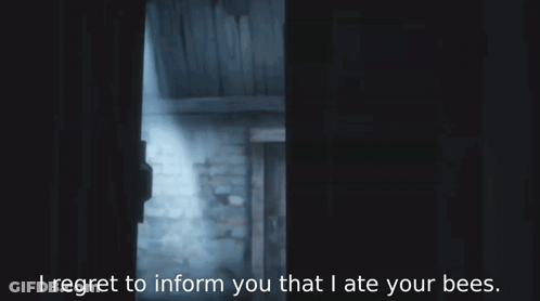 Dark Room Saying I Regret To Inform You I Ate Your Bees GIF