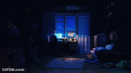 Dark Room With Computer Desk And Bed GIF