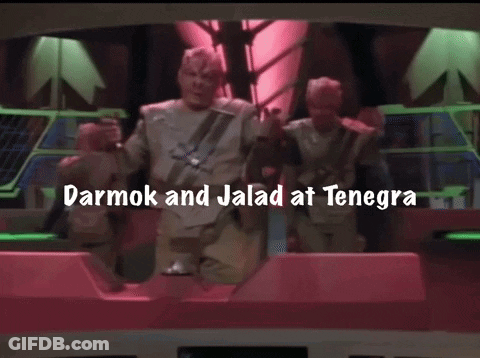 Darmok And Jalad At Tenega Are Standing In Front Of A Group Of Soldiers GIF