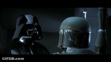 Darth Vader And Boba Fett Are Looking At Each Other In A Dark Room GIF