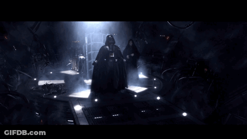 Darth Vader And Emperor Palpatine Are Standing In A Dark Room With Lights On The Floor GIF