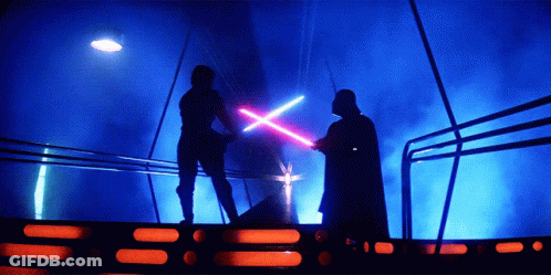 Darth Vader And Luke Skywalker Fighting With Lightsabers In A Dark Room GIF