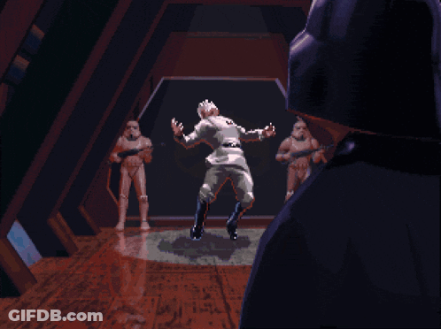 Darth Vader And Stormtroopers With Flying Man GIF