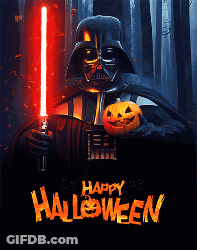 Darth Vader Holding Red Lightsaber And Pumpkin Saying Happy Halloween GIF