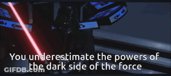 Darth Vader Is Holding A Red Light Saber With The Words " You Underestimate The Powers Of The Dark Side Of The Force " B GIF