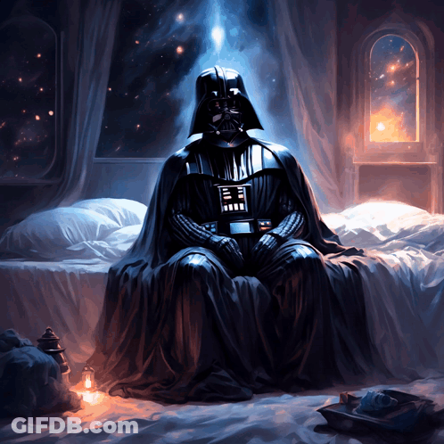 Darth Vader Is Sitting On A Bed With A Lantern GIF