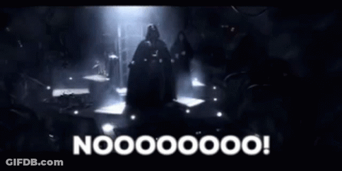 Darth Vader Is Standing In A Dark Room With A Sign That Says Nooo . GIF
