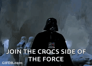 Darth Vader Is Standing In Front Of A Group Of Stormtroopers And Says `` Join The Crocs Side Of The Force '' GIF
