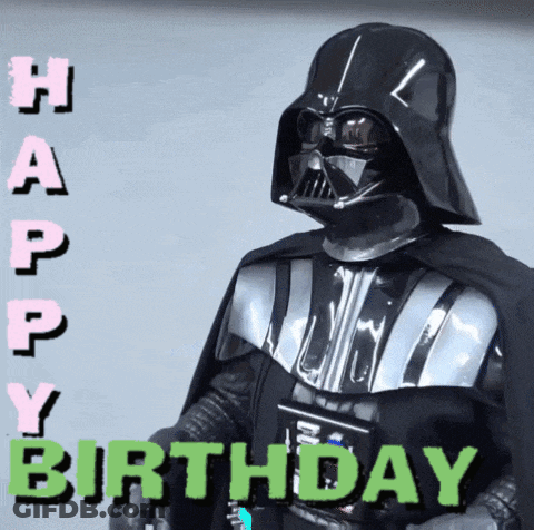 Darth Vader Is Wearing A Helmet And Cape With The Words Happy Birthday Written On It GIF