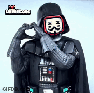 Darth Vader Making A Heart Shape With His Hands In Front Of A Logo That Says Lumibots GIF