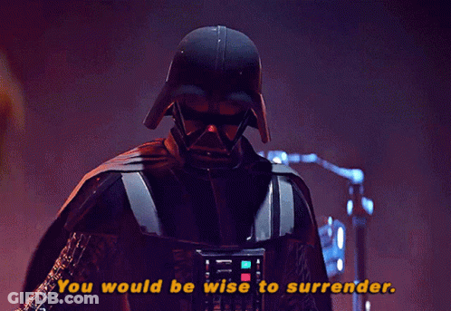 Darth Vader Says " You Would Be Wise To Surrender " In Yellow Letters GIF