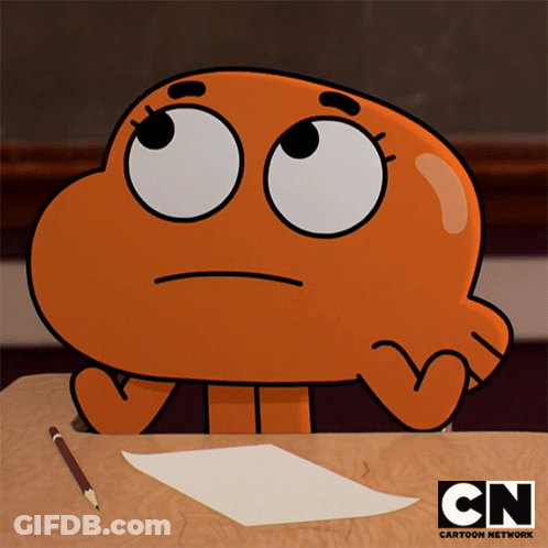 Darwin From The Amazing World Of Gumball Is Sitting At A Desk With A Piece Of Paper And A Pencil GIF