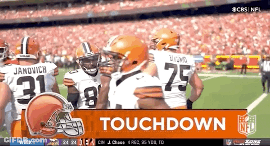 David Njoku Taps Nick Chubb Helmet GIF