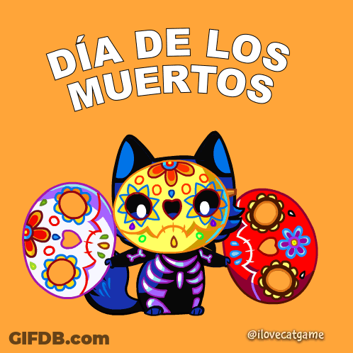 Day Of The Dead Cat In Sugar Skull Costume Holding Two Skulls GIF