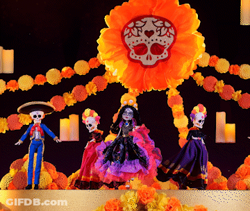 Day Of The Dead Dolls In Front Of Skull Flower GIF