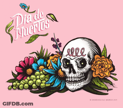 Day Of The Dead Skull Surrounded By Flowers And Leaves GIF