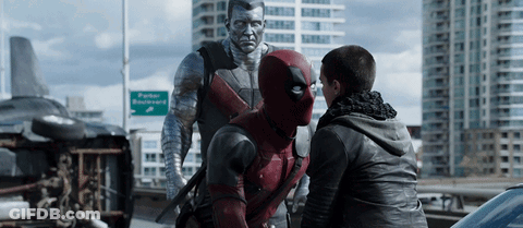 Deadpool And Colossus Are Standing Next To Each Other In Front Of A Sign That Says Peter Boulevard GIF