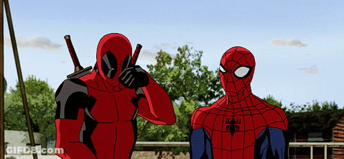 Deadpool And Spider-Man Are Standing Next To Each Other With Trees In The Background GIF