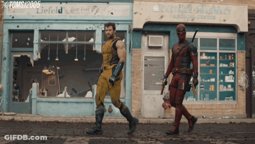 Deadpool And Thor Walking Past East Side Pharmacy GIF