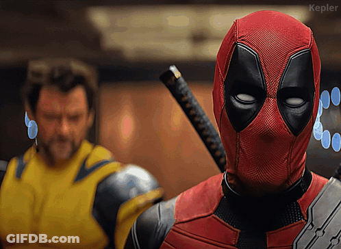 Deadpool Holding Sword In Front Of Yellow Suit Man GIF